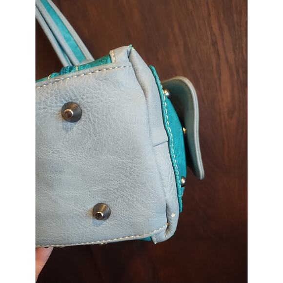 Montana West Studded Conceal Faux Leather Satchel Shoulder Handbag Turquoise Bag - Picture 11 of 11